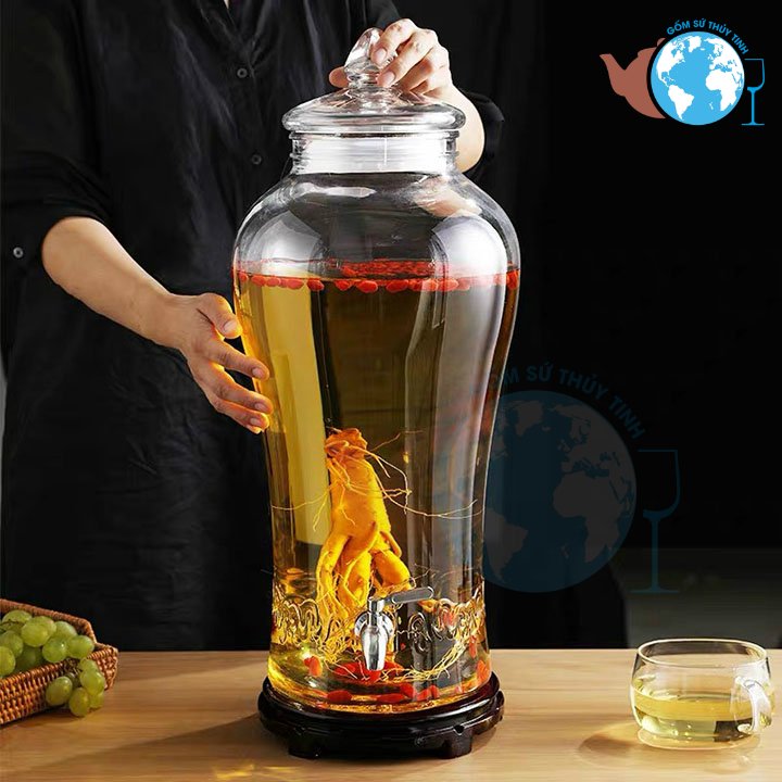 Bình ngâm sâm CAO LY CỰC LỚN chuẩn 15 lít CÓ VÒI, bình ngâm rượu thủy tinh trơn dáng chuẩn 15 lít, bình ngâm kiểu dáng đẹp có vòi chiết rót - thiết kế vanxi cao cấp, bình sâm không bị bay mùi, sang trọng