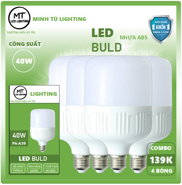 COMBO 4 CÁI BÓNG ĐÈN LED TRỤ 40W