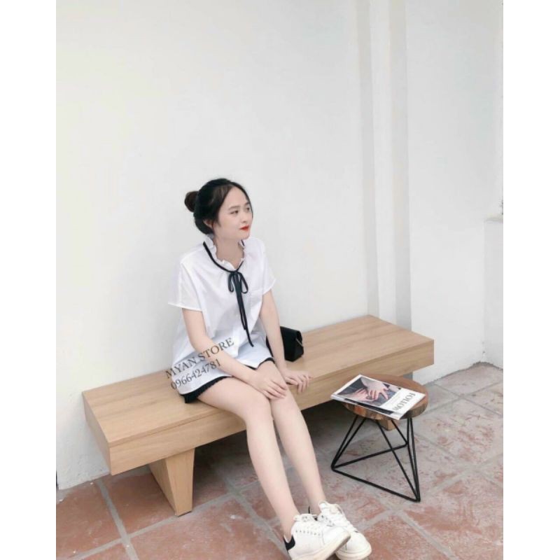 Áo sơ mi trắng cộc nơ nhỏ nữ sinh cá tính