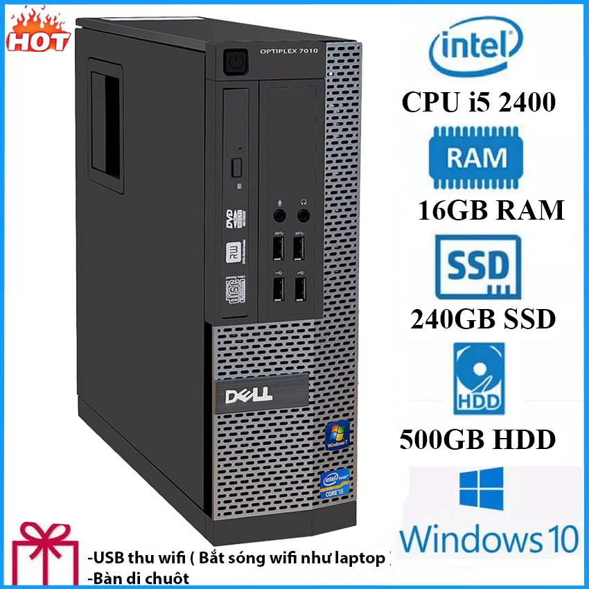 Case máy tính để bàn, máy tính đồng bộ dell optiplex 7010 cấu hình core i5 2400 ram 16gb ssd 240gb + hdd 500gb, máy tính văn phòng, học tập, live stream tặng usb thu wifi và bàn di chuột, bảo hành 12 tháng