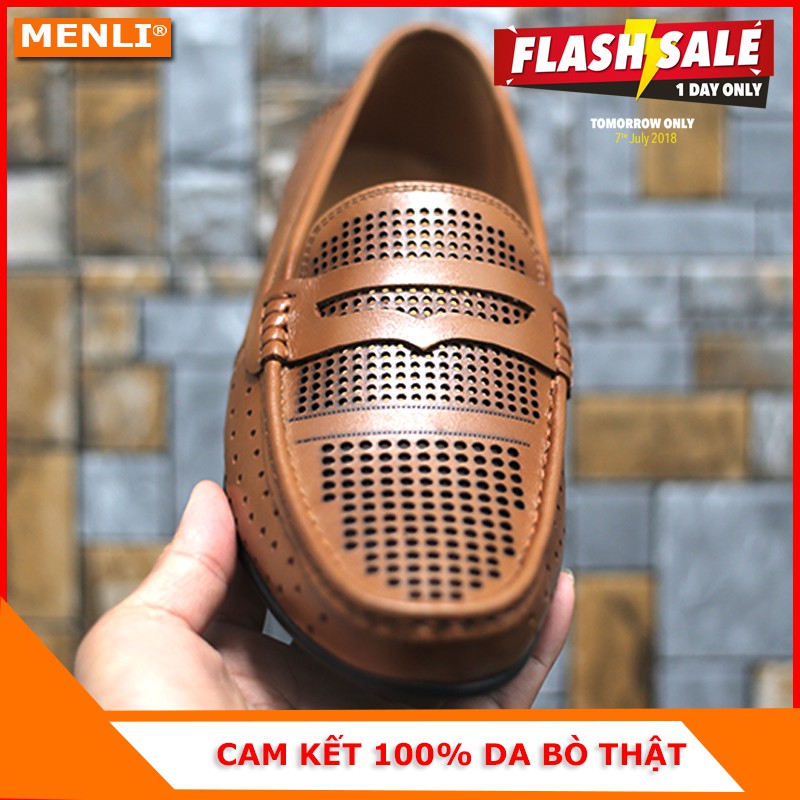 Giày Lười Da Bò Thật Menli Glsp160 Đục Lỗ (Đen, Nâu, Vàng)