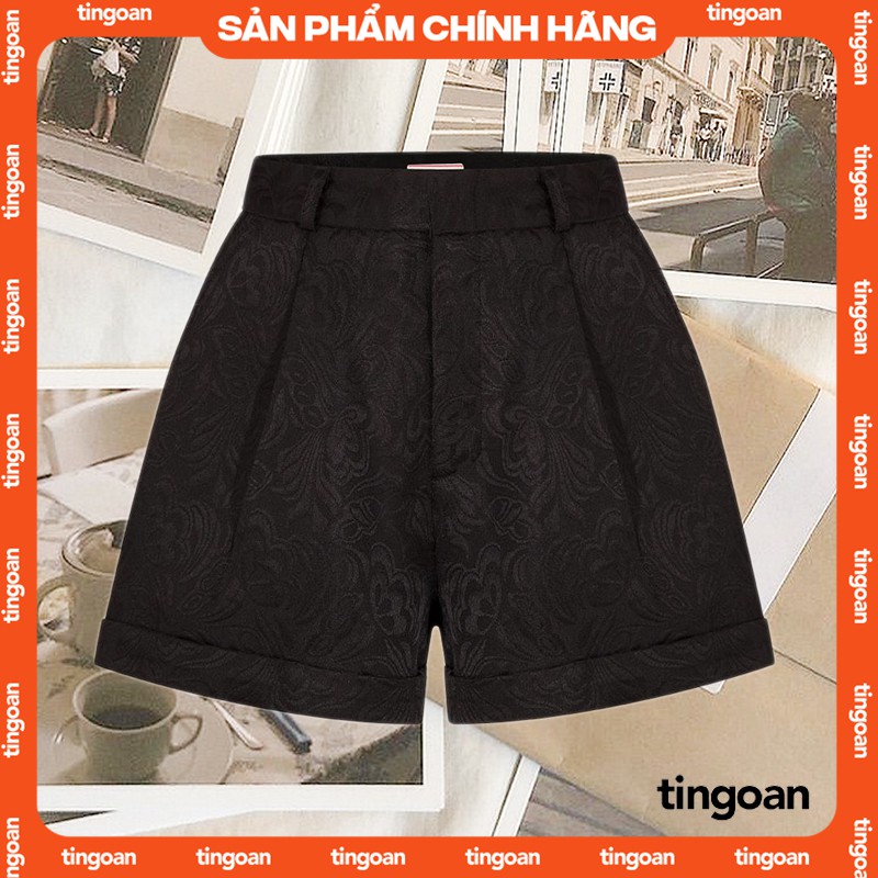 TINGOAN® - Quần short cạp cao gập gấu vải gấm đen LIBRA SHORT/BL