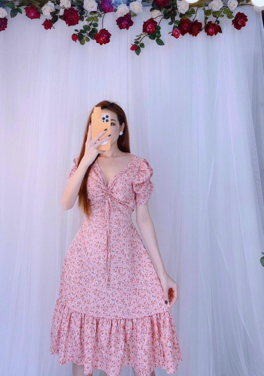 Đầm hoa nhí dây rút ngực (hình thật +video)
