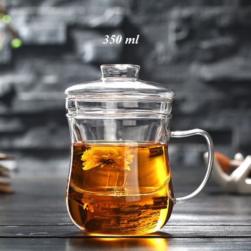 Ly cốc thủy tinh có lọc trà và nắp đậy