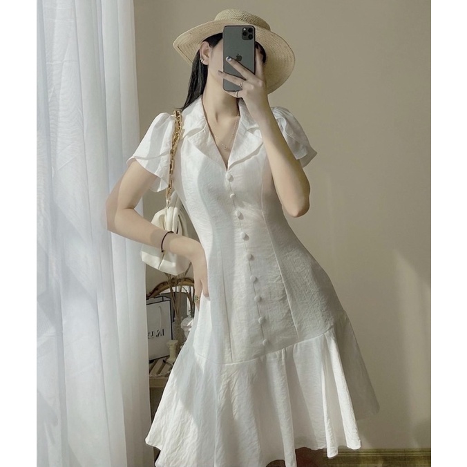ĐẦM TRẮNG NÚT BỌC, TAY SEN (có ảnh thật) MS118