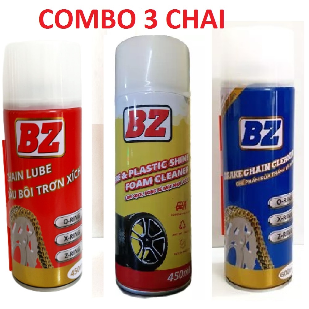 [HCM][Quẹo Lựa]combo xịt dưỡng sên BZ kết hợp rửa sên và chai xịt phục hồi nhựa nhám dưỡng nhựa đen và lốp mua 1 chai 2 chai hoặc 3 chai