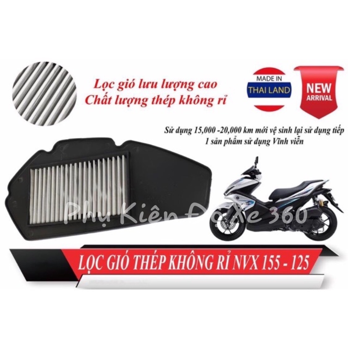 Lọc gió thép ko rỉ NVX 125 - 155 sử dụng vĩnh viễn, siêu bền vệ sinh lại dễ dàng