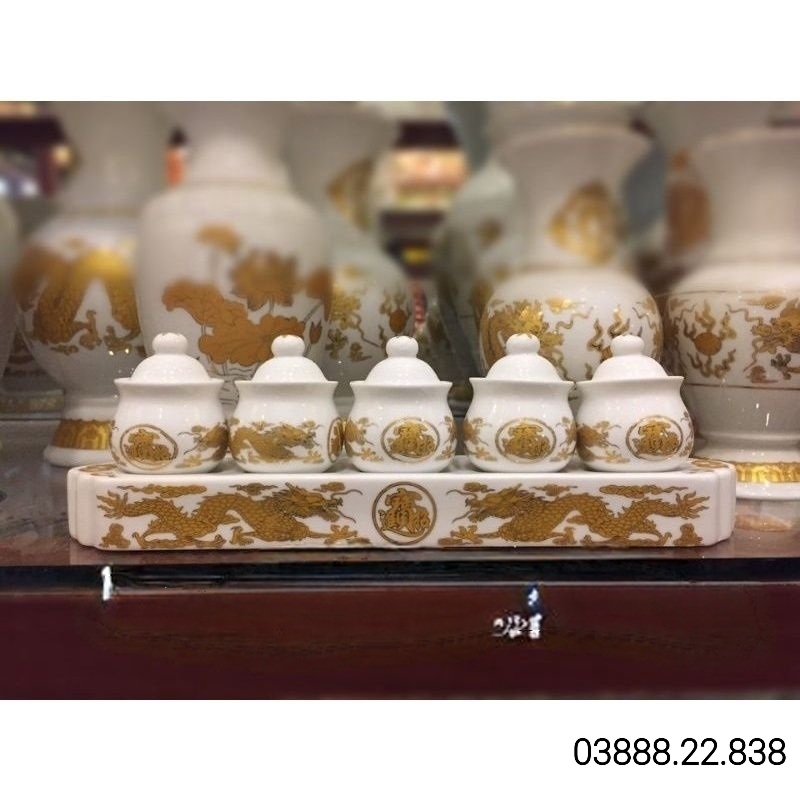 Bộ Đồ Thờ Cúng Sứ Trắng Hoa Văn Rồng Vàng