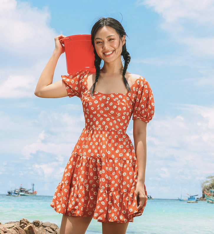 Đầm ngắn MIEU cúp ngực 3 tầng - HM07 (Cam/Kem)