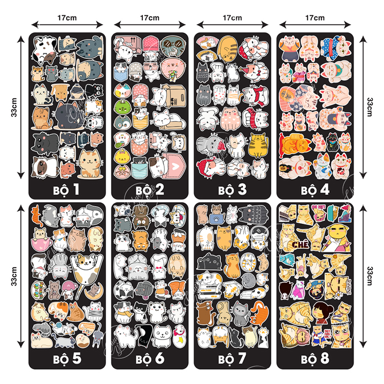 Bộ sticker con mèo dễ thương trang trí nón bảo hiểm laptop chất liệu chống thấm nước