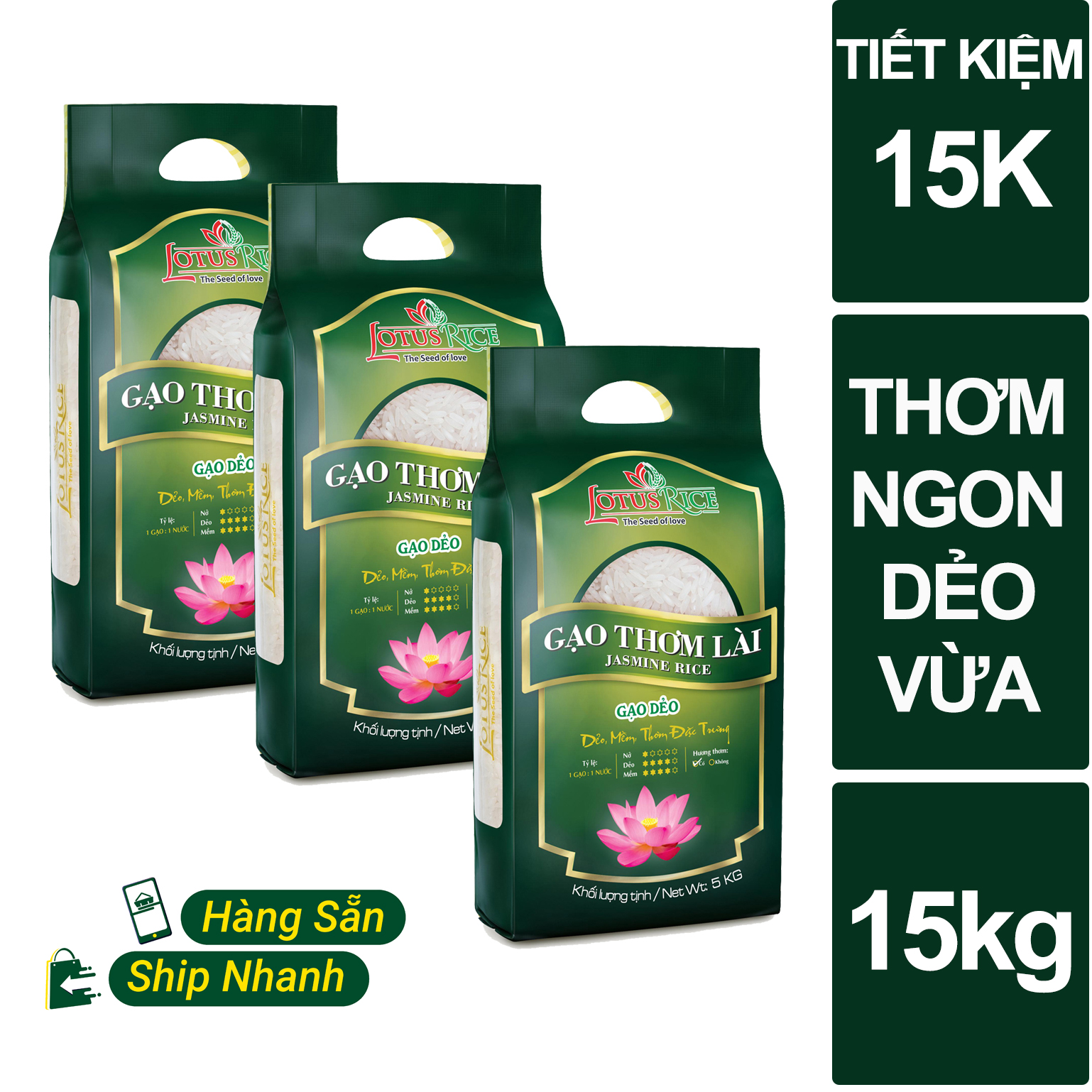 Combo 3 túi Gạo Thơm Lài thơm ngon dẻo vừa Lotus Rice 5kg Đạt nhiều chứng nhận an toàn thực phẩm