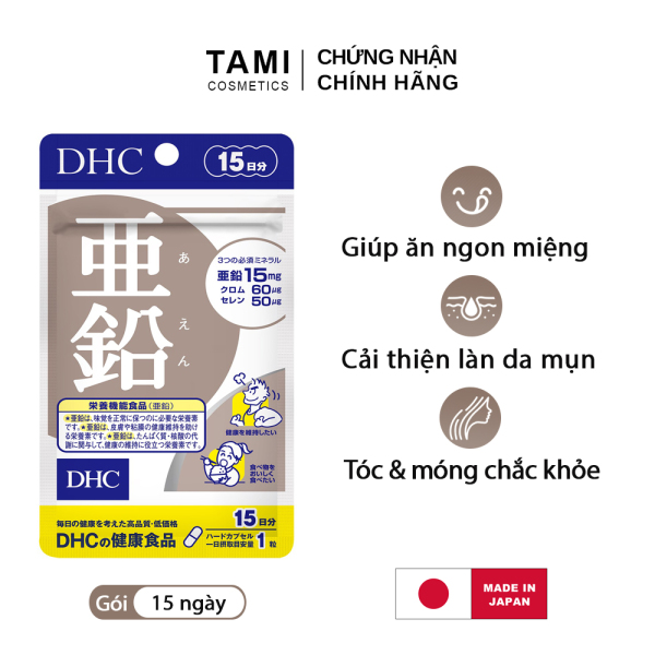Viên uống kẽm DHC Nhật Bản thực phẩm chức năng zinc giúp ăn ngon miệng, kiểm soát nhờn giảm mụn, dưỡng tóc và móng khỏe, hỗ trợ sinh lý nam gói 15 ngày TA-DHC-ZIN15 nhập khẩu