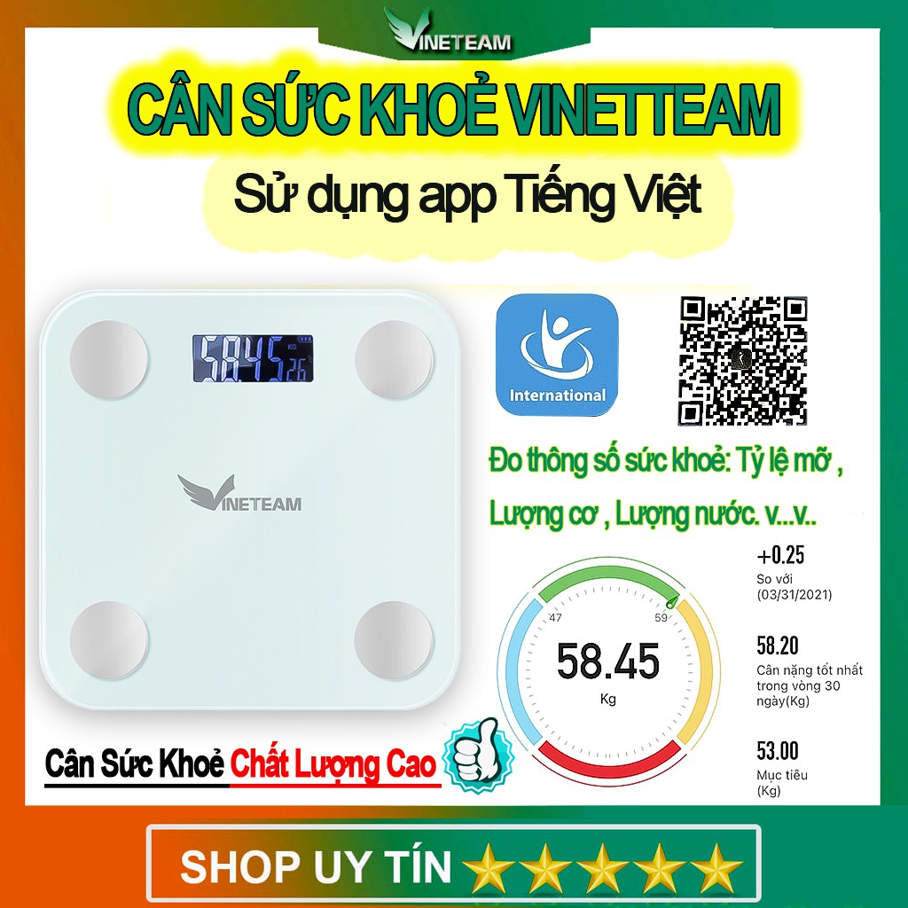 Cân Sức Khoẻ Điện Tử phân tích Lượng Mỡ Vinetteam AH -6 180kg Mặt Kính Cường Lực Chịu Va Đập tặng thước dây -dc4436