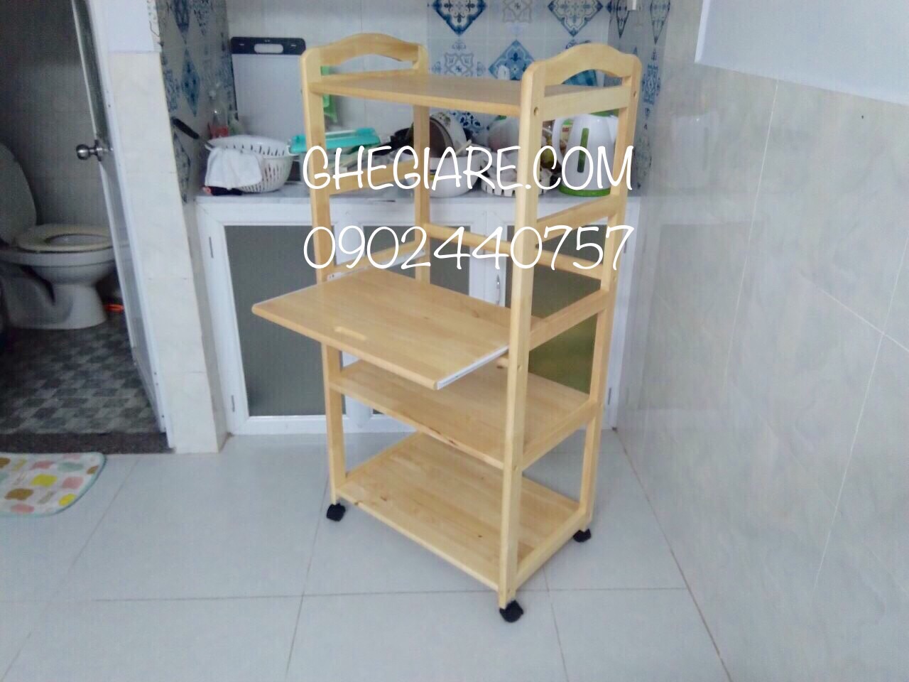 [HCM]Kệ lò vi sóng 4 tầng gỗ cao su