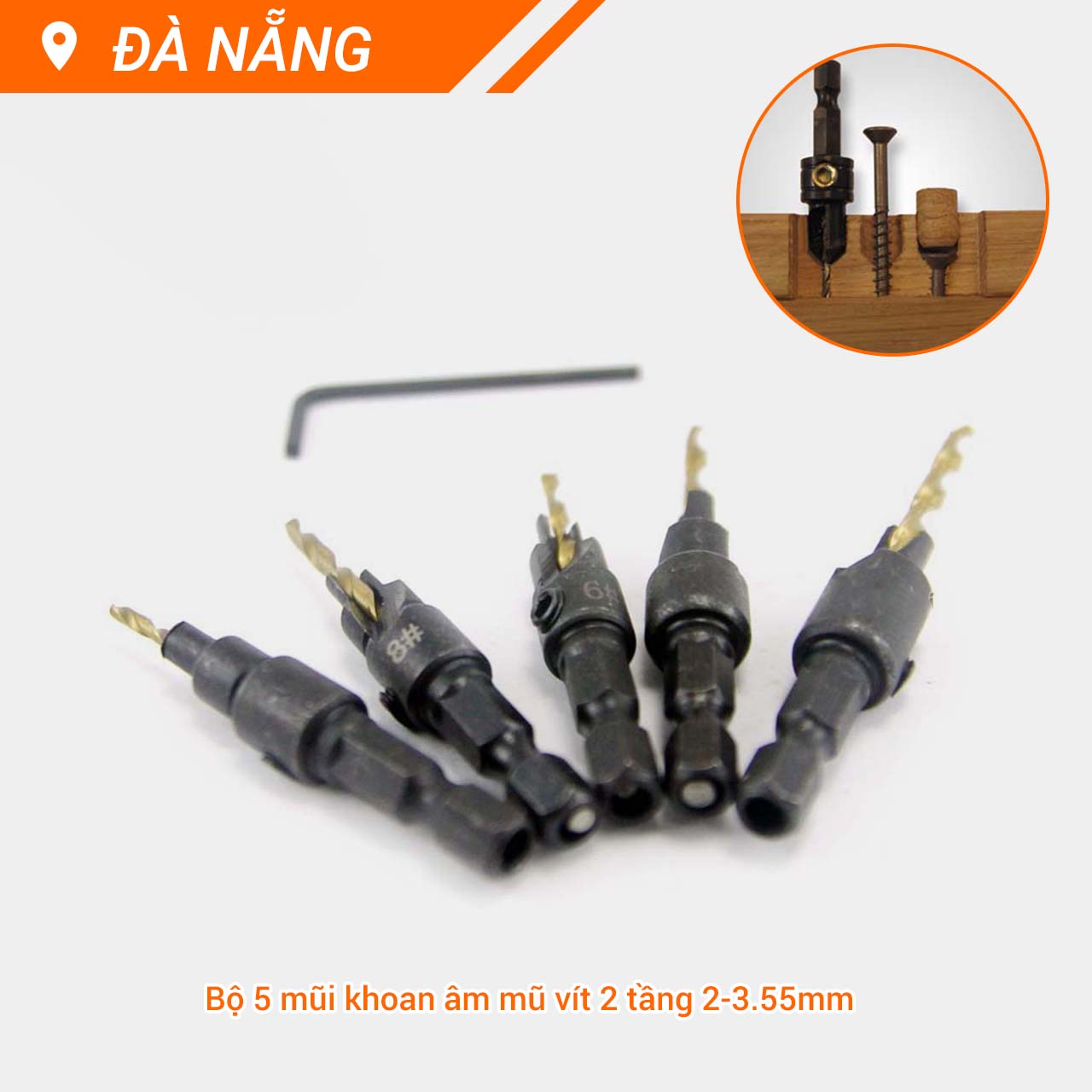 Bộ 5 mũi khoan âm gỗ 2 tầng chỉnh cữ bắt âm mũ vít 2-3.55mm chuôi lục giác