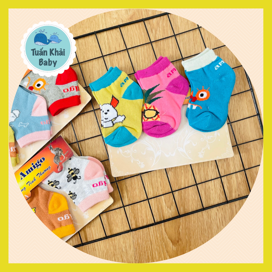 Set 3 đôi tất sơ sinh ánh minh| vớ sơ sinh amigo sơ sinh - 9 tháng| chất vải mềm mại, co giãn tốt, ấm chân bé