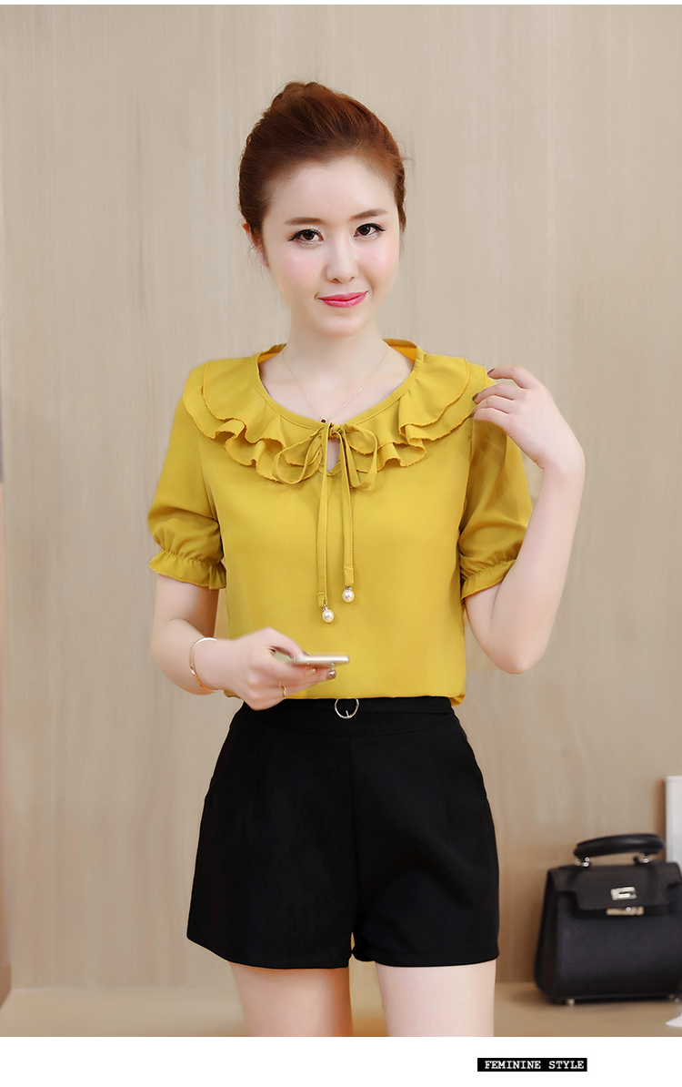 Áo kiểu nữ cổ nơ tay bo màu vàng - ap0065