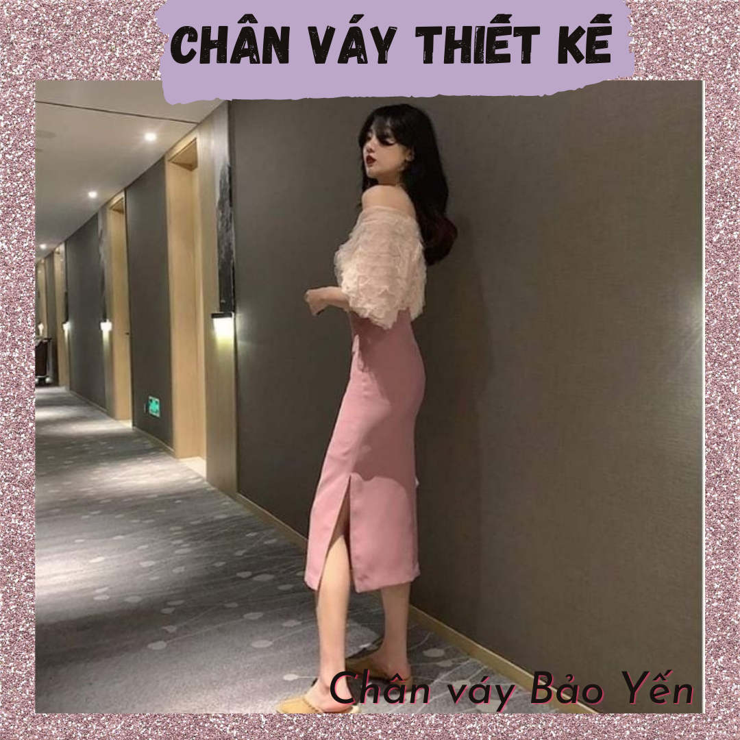 Chân váy midi suông màu hồng phấn xẻ sườn