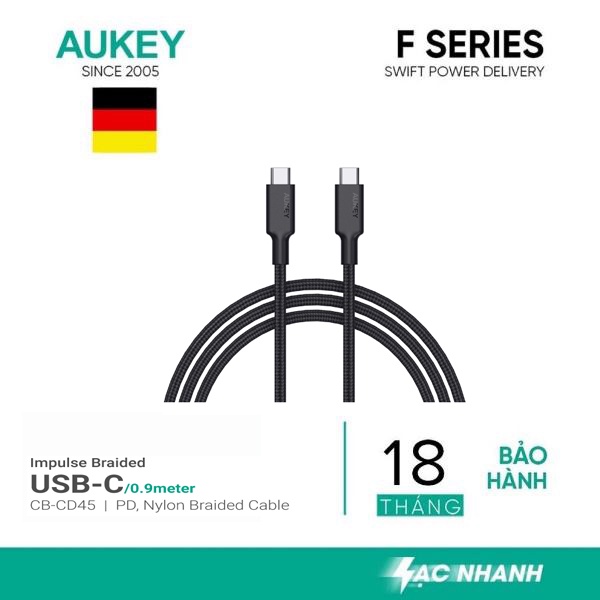 Cáp Sạc Nhanh USB-C to USB-C 0.9m Aukey CB-CD45