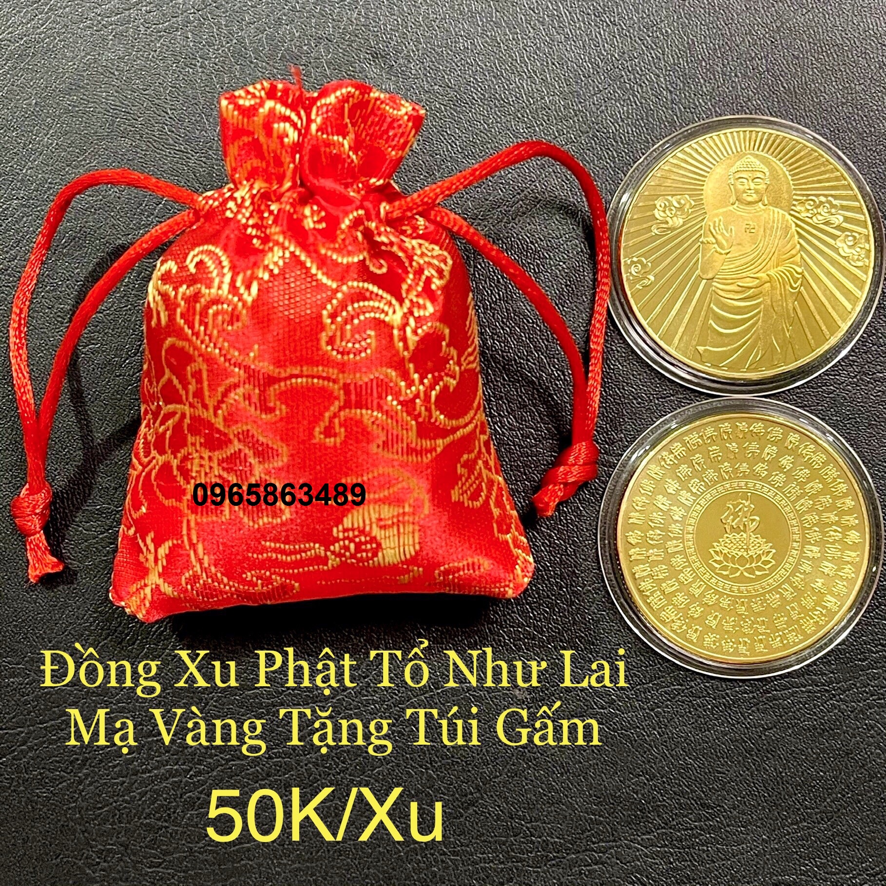Đồng xu đức phật như lai, phật tổ bình an may mắn tặng túi gấm