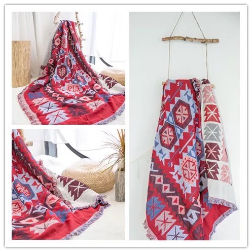 Khăn phủ sofa - Thảm trải sàn đa năng họa tiết thổ cẩm dệt 2 mặt cotton màu đỏ độc đáo decor phòng phong cách vintage mới lạ, thảm thổ cẩm