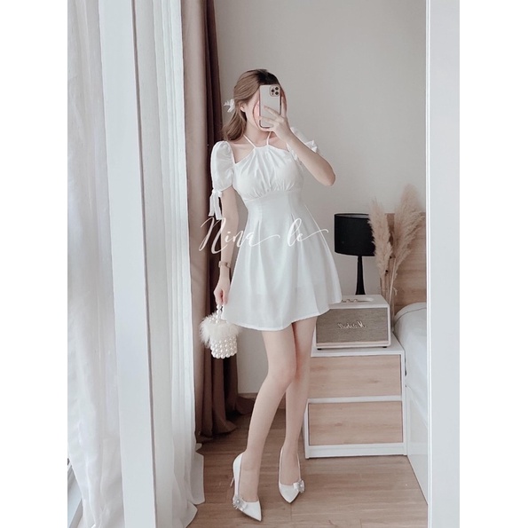 Váy tơ lụa cổ yếm nơ tay 2 màu siêu xinh