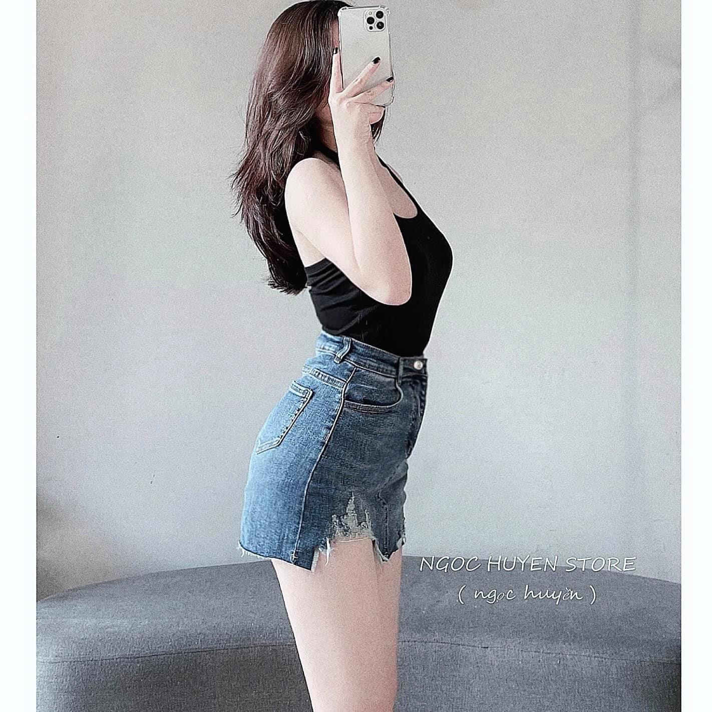 Chân váy jean ôm lưng cao co dãn form rách màu dơ