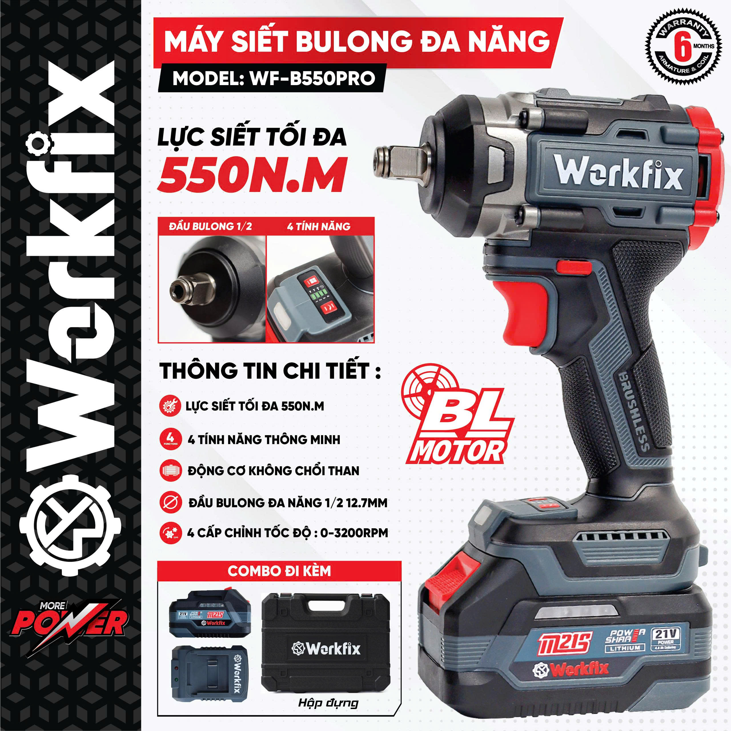 Workfix Wf-B550Pro Battery Bolt Tightening Machine with Universal Battery Base, Large Tightening Force of 550Nm for Opening and Tightening Truck Screws (12 Month Warranty) Giá 900,000 Đồng*Miễn phí vận chuyển