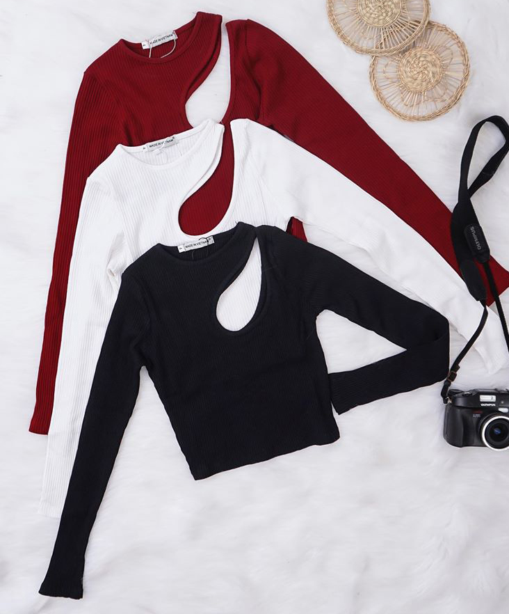 Áo croptop thun gân khoét vai