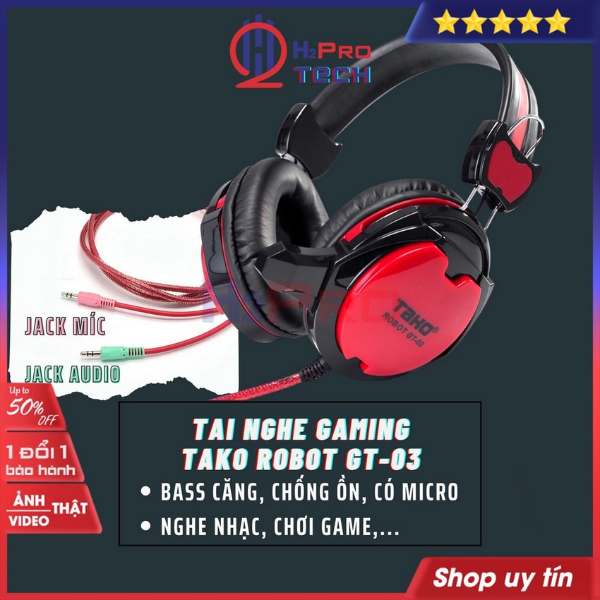 Tai nghe chụp gaming, tai nghe chụp tai có dây tako robot gt-03 chống ồn-bass căng, có mic, dây dài 2m - h2pro tech