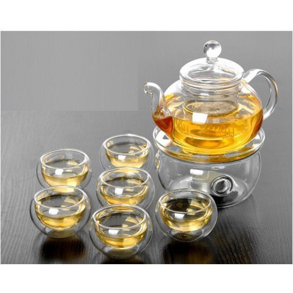 Bộ ấm trà thủy tinh chịu nhiệt CHÉN 2 LỚP, Bộ ấm trà hoa cúc chén thủy tinh CHÉN 2 LỚP