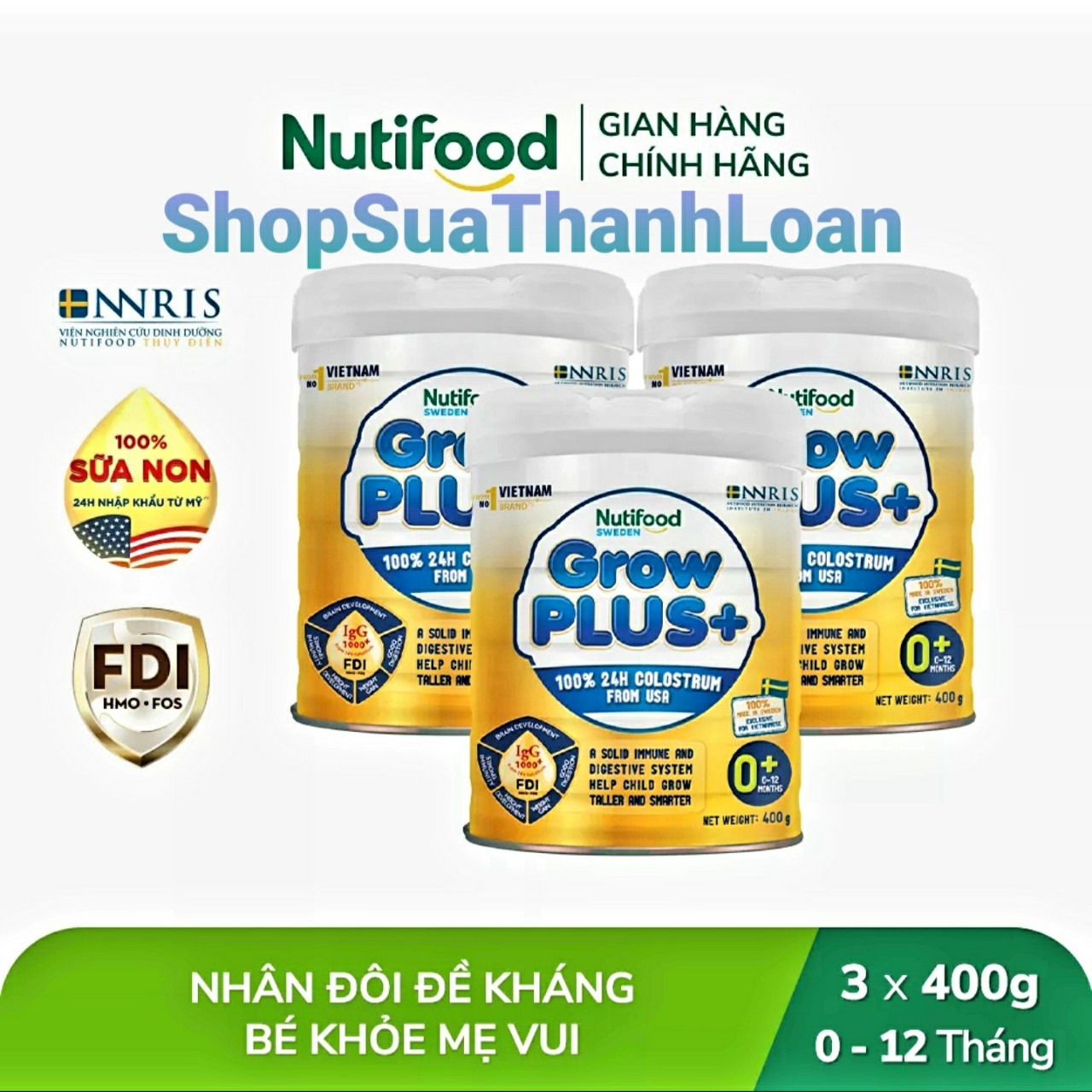 (Expiration Date February 2027) Combo 3 Cans Nutifood Growplus 0+ Yellow Powdered Milk 400g (Colostrum).
