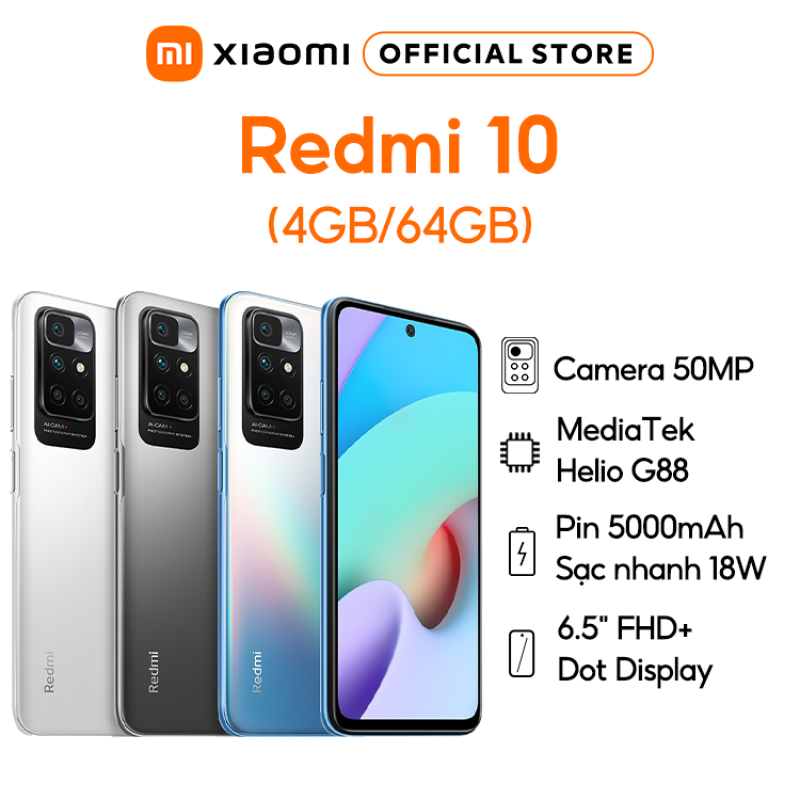 Điện Thoại Xiaomi Redmi 10 - MediaTek Helio G88 - 5000mAh Sạc Nhanh 18W-  6.5” FHD+ DotDisplay  - Hàng Chính Hãng BH 18 Tháng