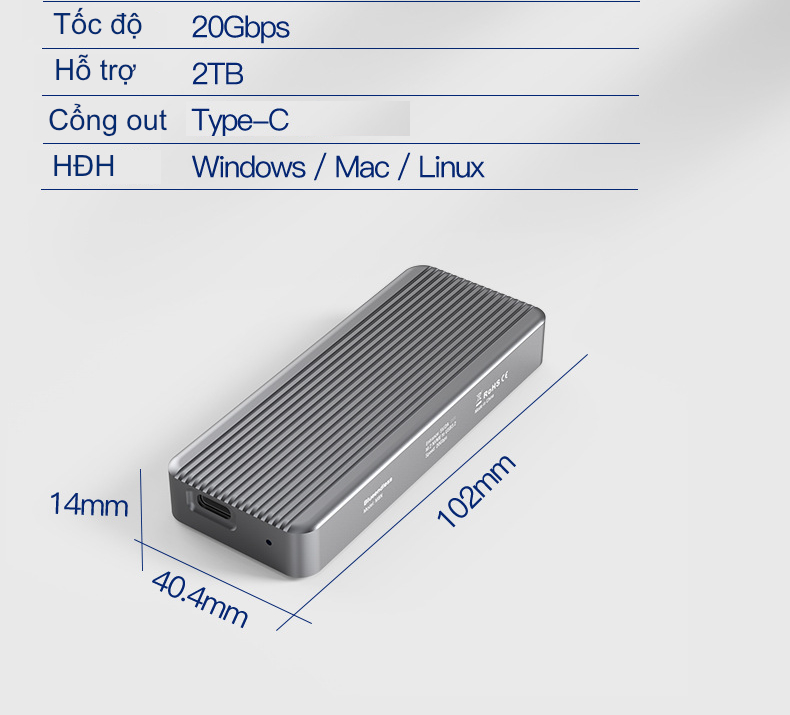 Box ổ cứng SSD NVMe M.2 chuẩn USB 3.2 gen 2x2 20Gbps tốc độ cao - Blueendless (M.2 NVME 2280 SSD enclosure)
