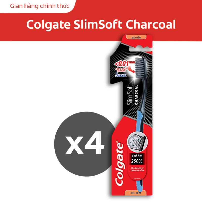 Bộ 4 bàn chải đánh răng Colgate SlimSoft Charcoal mềm mảnh than hoạt tính cao cấp