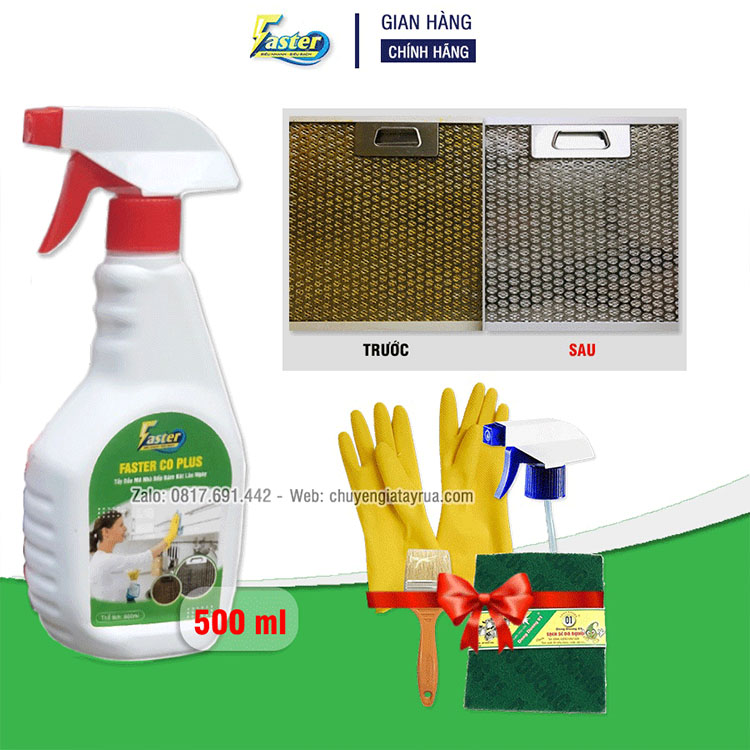 (RẺ HƠN 20K) Combo Siêu Tẩy Dầu Mỡ Nhà Bếp, Chất Tẩy Đa Năng Lau Bếp Gas, Vệ Sinh Máy Hút Mùi Lâu Ngày Chai Lớn Tiết Kiệm Faster CO 500ml