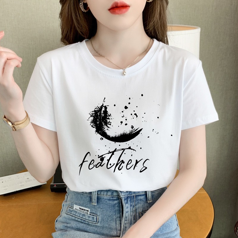 Áo thun tay ngắn cao cấp thun cotton vải dày dặn xịn sò in hình lông vũ bán chạy áo phông nữ form vừa người size M, L nhiều màu quần áo thời trang giá kho sỉ