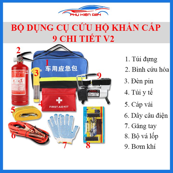 Bộ 9 chi tiết dụng cụ cứu hộ cho xe ô tô V2 khẩn cấp, đa năng