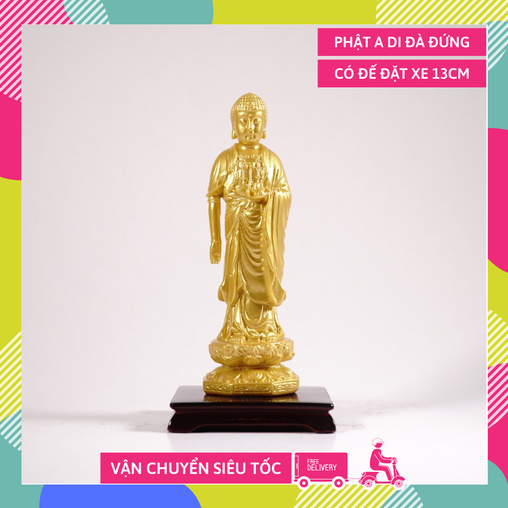 Tượng phật a di đà đứng có đế nhũ vàng - cao 13cm