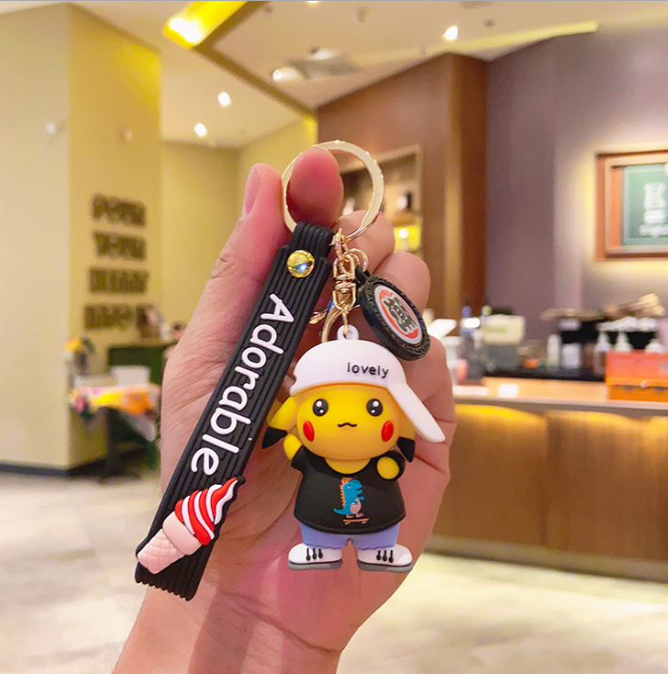 Móc khóa hoạt hình Pikachu đội mũ trắng chất liệu cao su siêu bền dễ thương quà tặng ý nghĩa