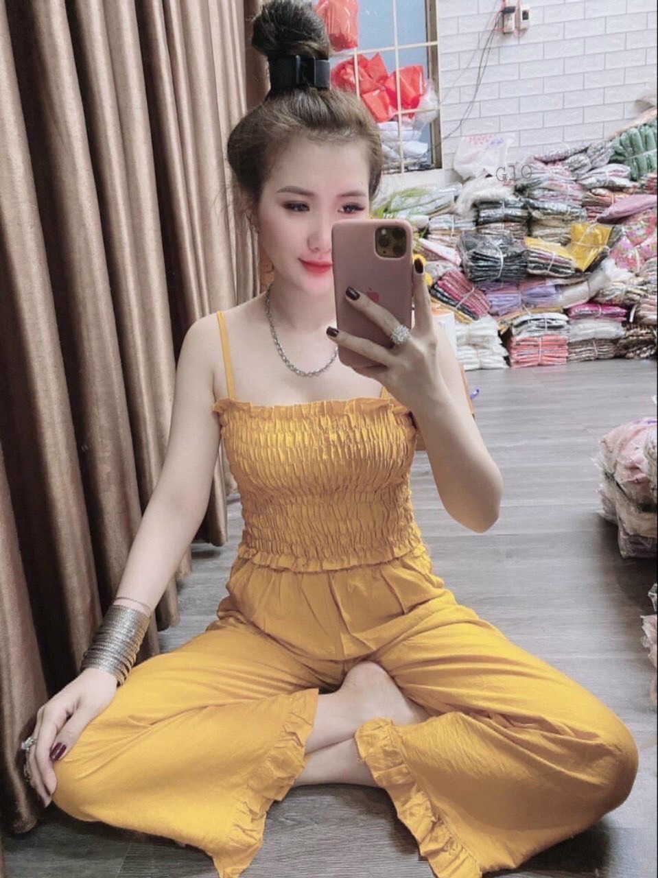 Sét bộ áo hai dây bo nhún phối quần dài cute TTSA0988