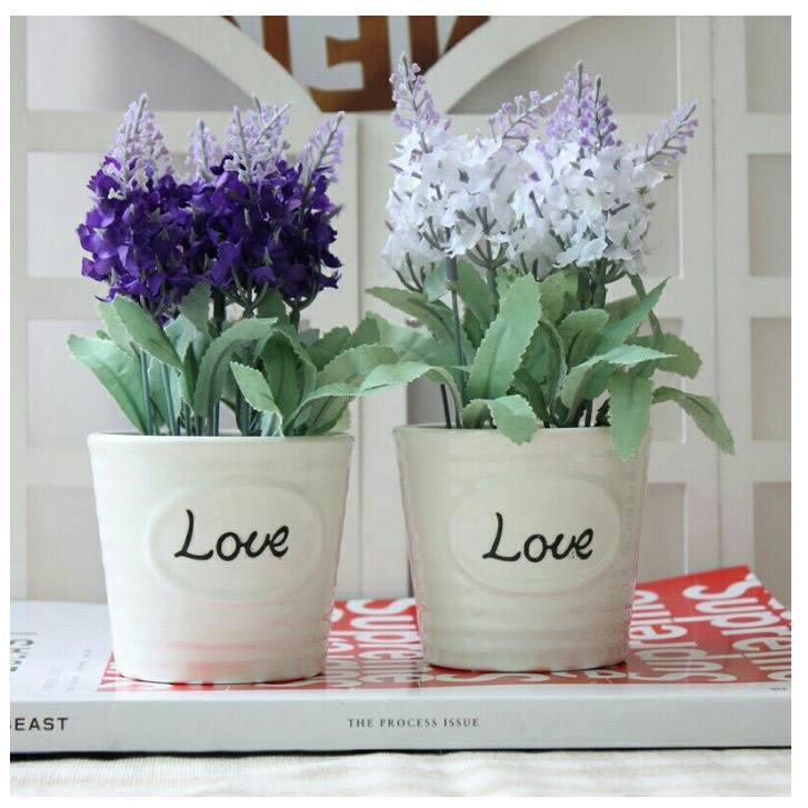 Combo 2 Chậu Hoa Lavender Giả Trang Trí Bàn ( giá kèm chậu )