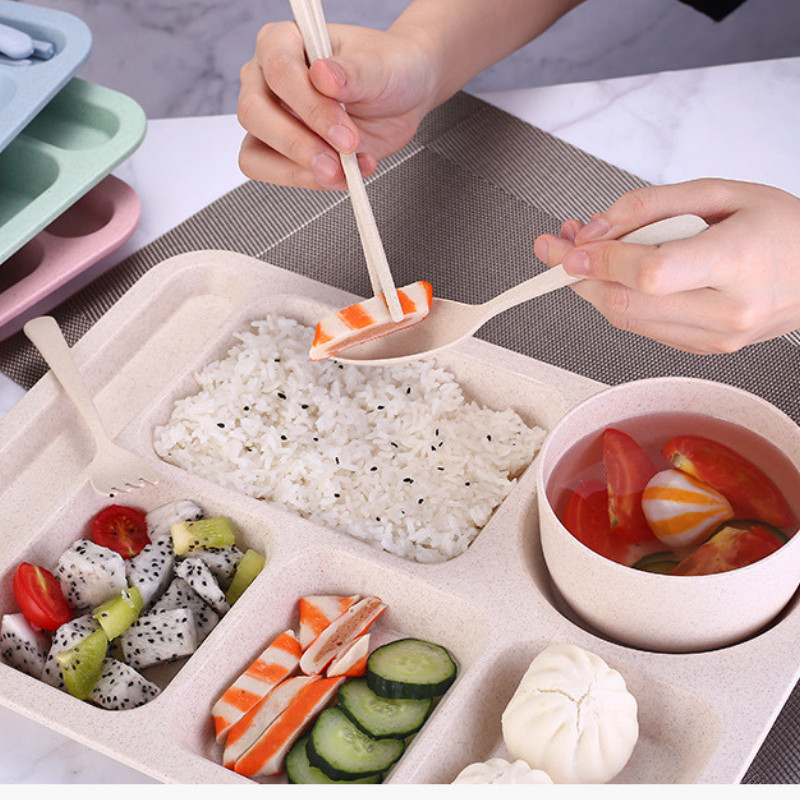 [FREESHIPMAX]Khay cơm lúa mạch 5 ngăn cao cấp có kèm chén đựng canh[BAMBOO HOUSE]