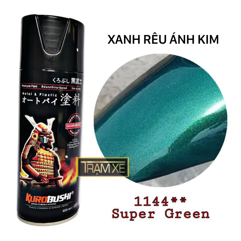 Chai sơn xịt Samurai màu xanh rêu (xanh nhớt) 1144 ánh kim 400ml chuyên sơn xe máy ô tô, vòi phun chống chảy tiện lợi
