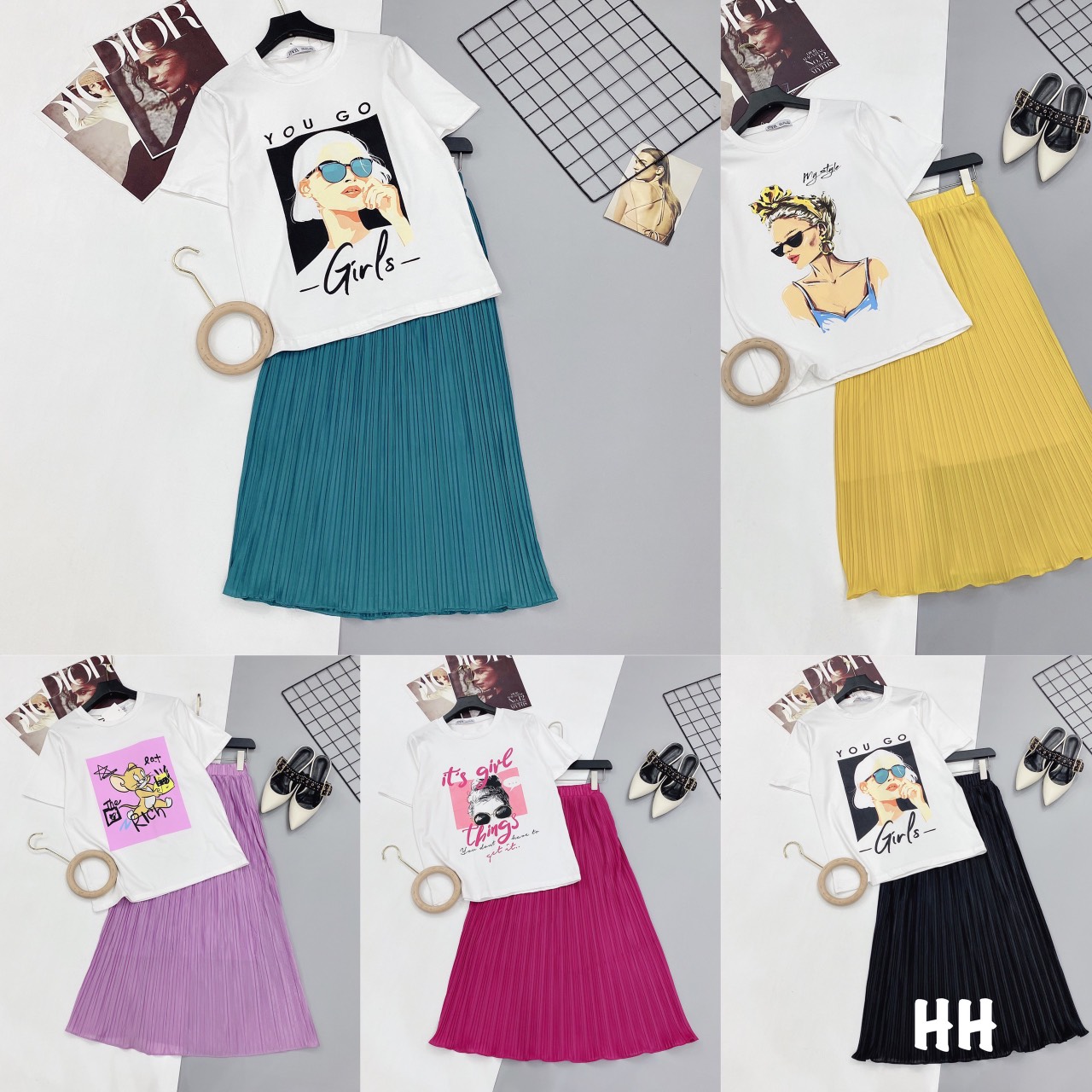 Set áo phông chân váy dập ly