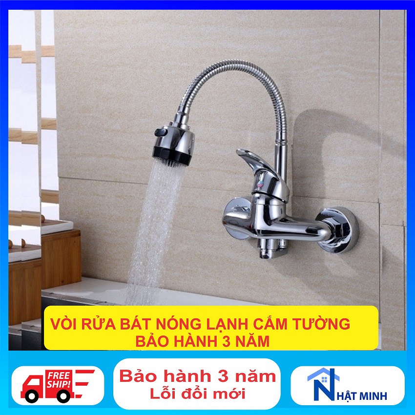 Vòi Rửa Bát Nóng Lạnh Cắm Tường Cần Mềm, vòi rửa bát chất liệu đồng mạ crom, hàng bền chắc