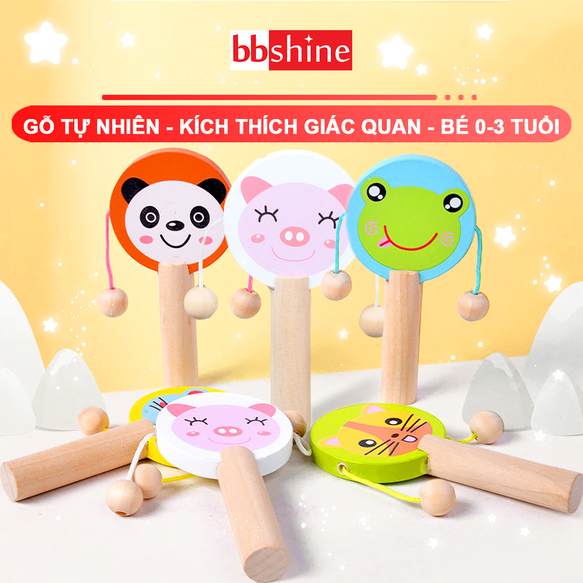 Đồ chơi gỗ hình thú ngộ nghĩnh BBShine, Trống lắc đủ màu sắc cho bé làm quen với âm thanh - DC033