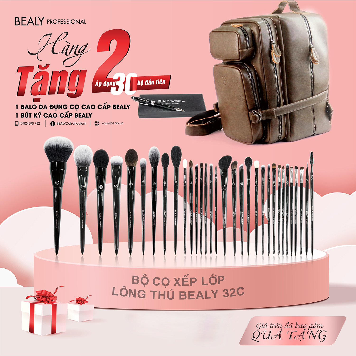 Bộ cọ trang điểm xếp lớp lông thú BEALY 32C TẶNG BALO + BÚT KÝ BEALY