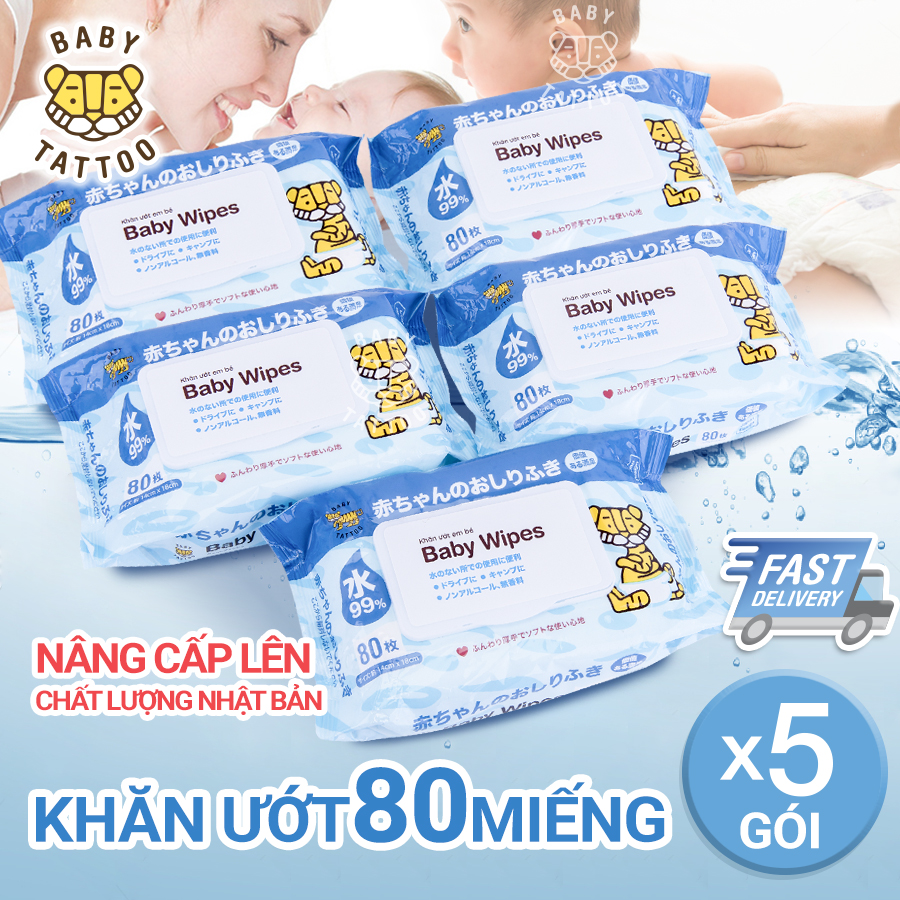 COMBO 5 gói Khăn giấy ướt BABY TATTOO cho bé không mùi, gói 80 miếng