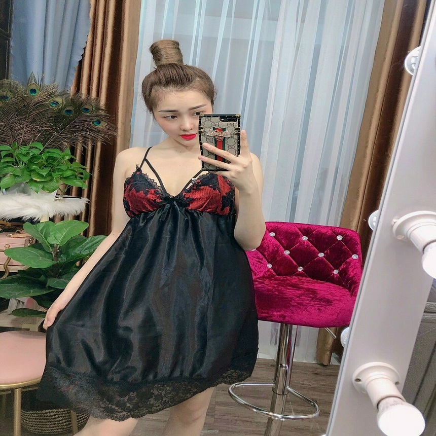 Đầm váy ngủ phối ren sexy vải Phi lụa freesize từ 44-58kg